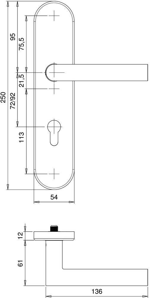 Technische Zeichnung einer Türklinkenplatte mit Schlüsselloch. Die Abmessungen sind gekennzeichnet: Länge 250 mm, Breite 54 mm, Schlüsselloch-Abstand 113 mm und Versatz 72/92 mm.