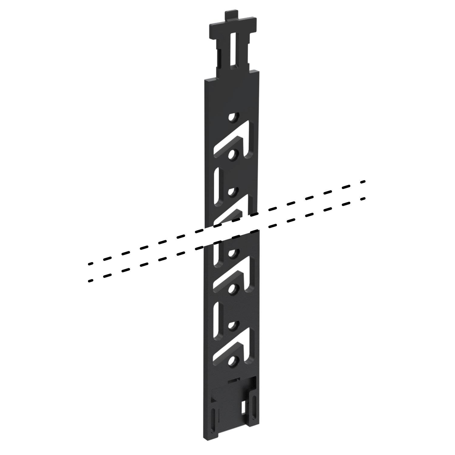 Schwarzes Metallmontagewinkel, vertikal dargestellt mit gestrichelten Diagonallinien, die einen verstellbaren Winkel oder Ausrichtungspunkt anzeigen.