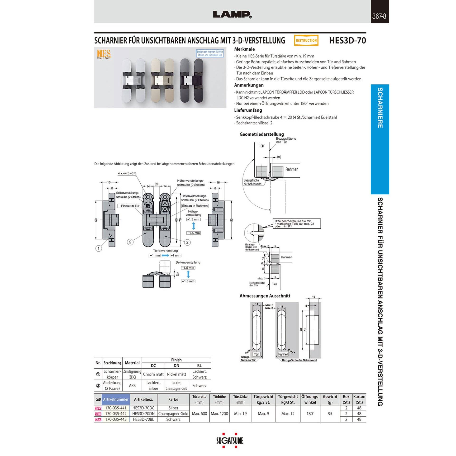 Sugat Scharnier für unsichtbaren Anschlag, 3D-verstellbar HES3D-70DC