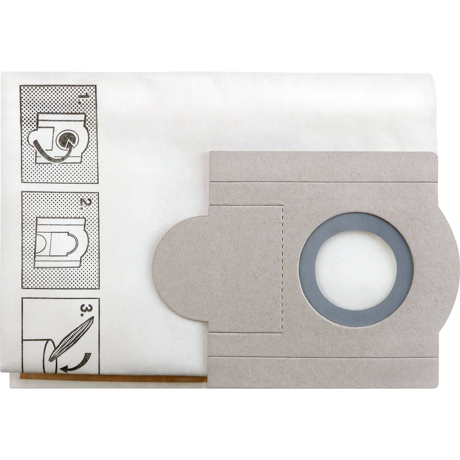 Staubsaugerbeutel mit Schritt-für-Schritt-Diagramm zur Installation. Der Beutel verfügt über eine runde Öffnung und einen verstärkten Kartonkragen.