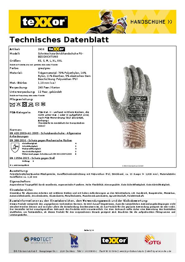 teXXor® Schnittschutz-Strickhandschuhe PU-BESCHICHTUNG grau/grau 9