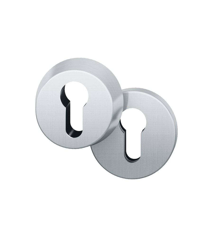 Paar metallische Schlüsselloch-Abdeckungen, kreisförmig, mit gebürsteter Silberfinish.