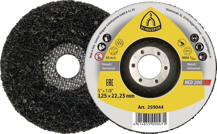 Trennscheibe der Marke 'Klingspor', mit Maßen von 125 x 22,23 mm, einer Höchstgeschwindigkeit von 63 m/s, geeignet für Metall- und universelle Anwendungen. Art. 259044.