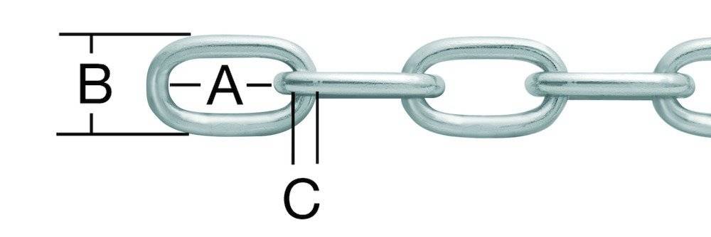 Eine Metallkettengliederverbindung mit einem Diagramm, das Maße zeigt, die mit 