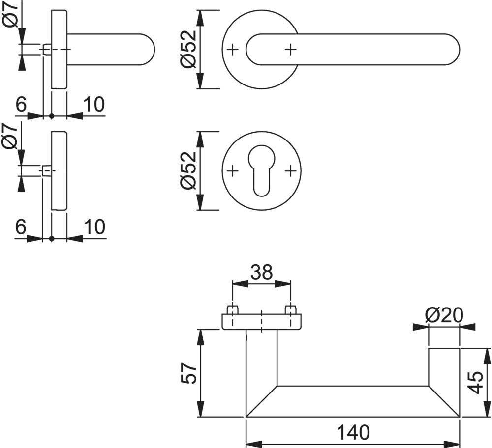 Technische Zeichnung eines Türklinken-Sets mit Abmessungen: Griff länge 140mm, Höhe 57mm, Griffbreite 20mm und Rosettendurchmesser 52mm.