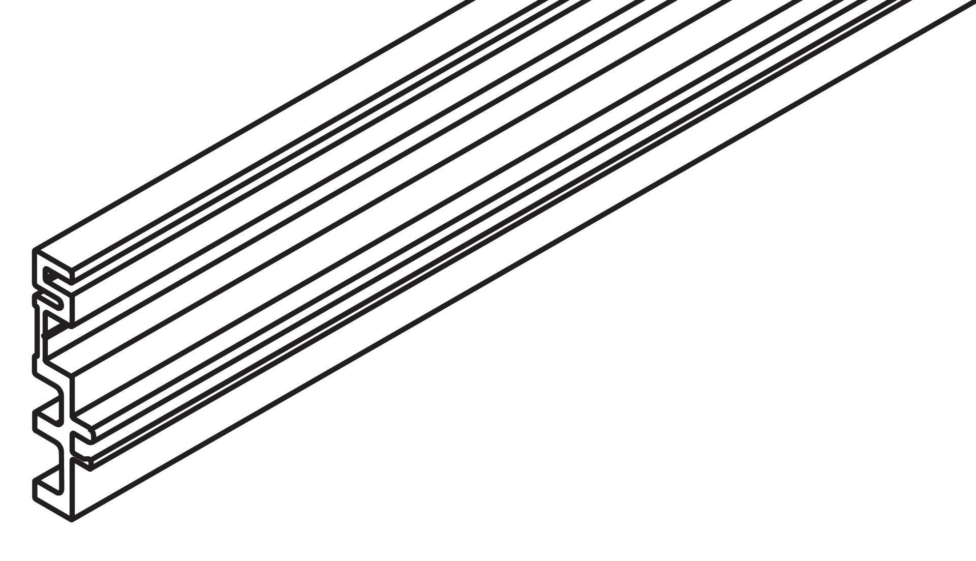Schwarz-Weiß-Technische Zeichnung eines langen extrudierten Metallschienen- oder Kanalprofilprofils in Perspektive.
