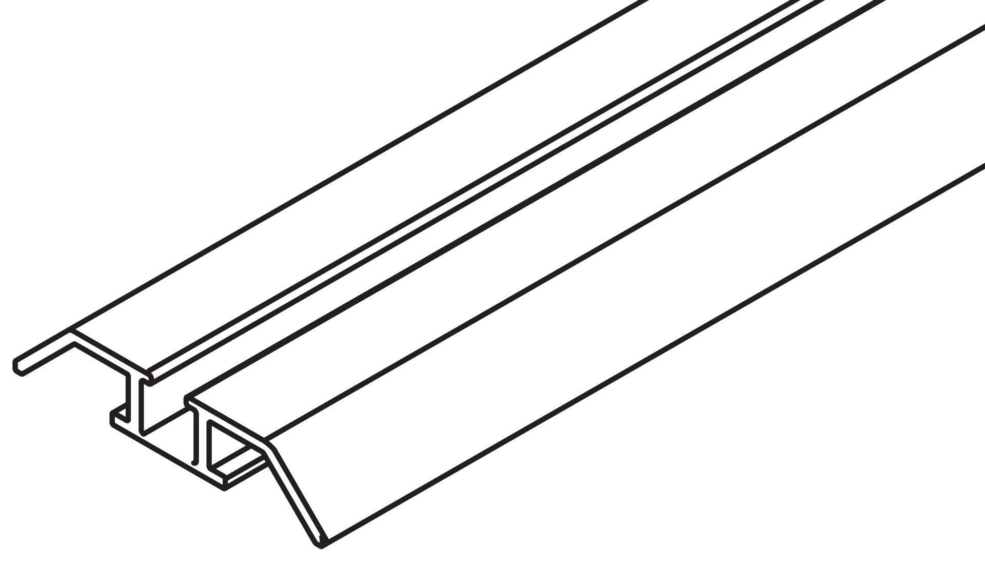 Isometrische Linienzeichnung eines Metalldeckungspaneel-Profils mit ineinandergreifenden Nähten und einer erhabenen Rippe, dargestellt im Querschnitt.