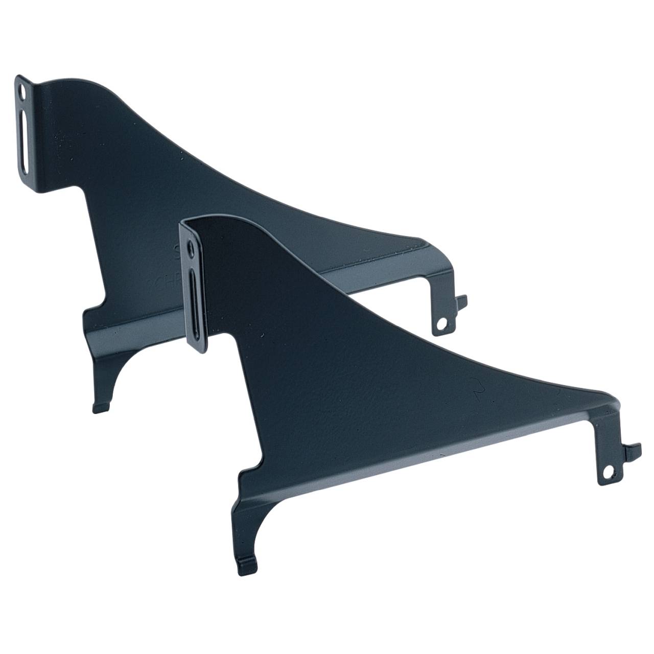 Zwei schwarze Metallwinkel, jeweils L-förmig mit Montagelöchern, aufrecht vor weißem Hintergrund positioniert.