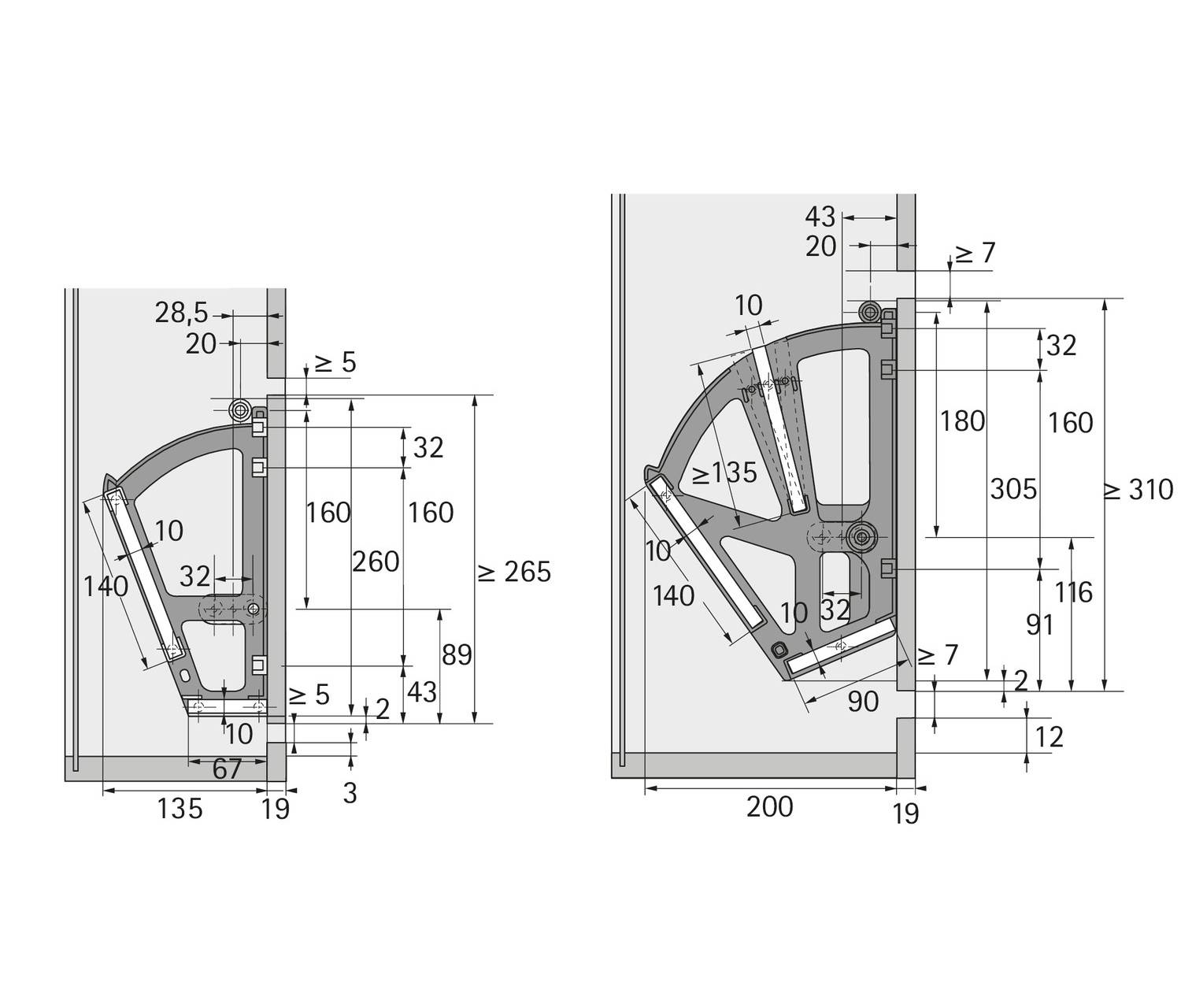 Technisches Diagramm, das Abmessungen und Messungen zweier mechanischer Teile mit Winkeln zwischen 30-140 Grad zeigt. Beschriftungen geben Längen und Freigaben an.