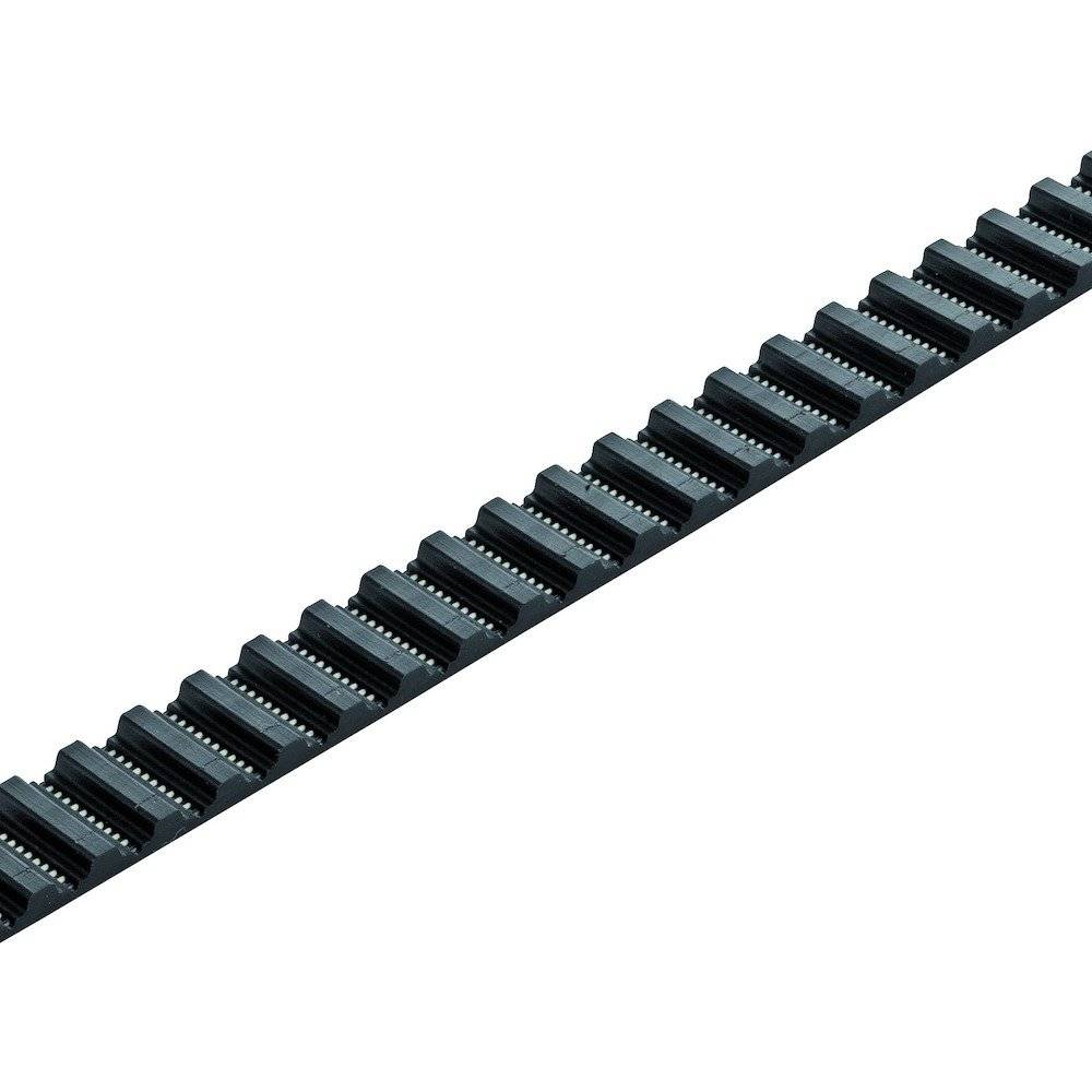 Eine schwarze, leiternförmige, segmentierte Struktur auf weißem Hintergrund, die einer mechanischen oder industriellen Komponente ähnelt.