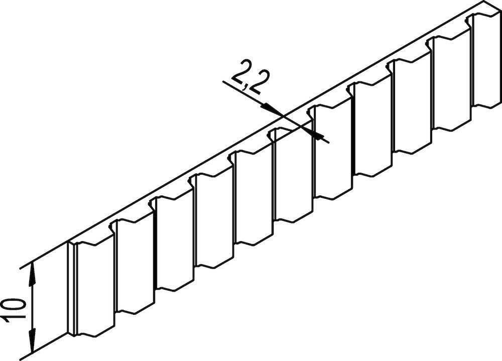 Abbildung einer gewellten Metallstruktur mit alternierenden Rippen; die beschriftete Messung „2,2