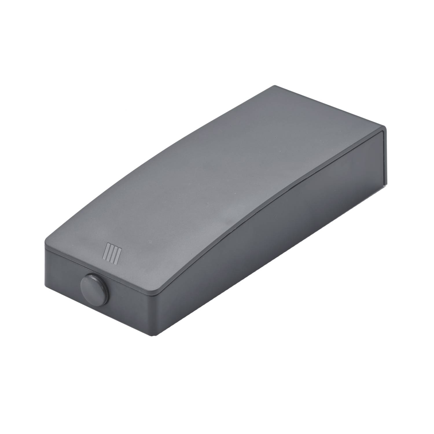 Eine matte schwarze rechteckige Schachtel mit einem kleinen Knopf an einem Ende, vermutlich ein elektronisches Gerät oder Teil eines größeren Systems.