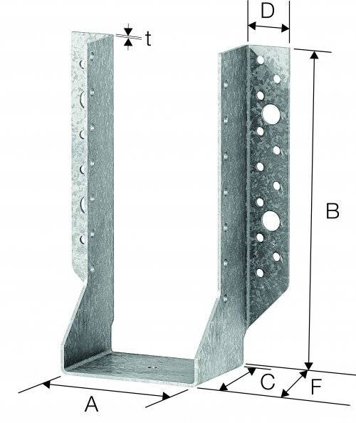 Ein Stahlträgeraufhänger mit den Abmessungen gekennzeichnet als 'B', 'C', 'E' und 't'. Verschiedene Löcher für Schrauben oder Nägel sind an den Seiten sichtbar.