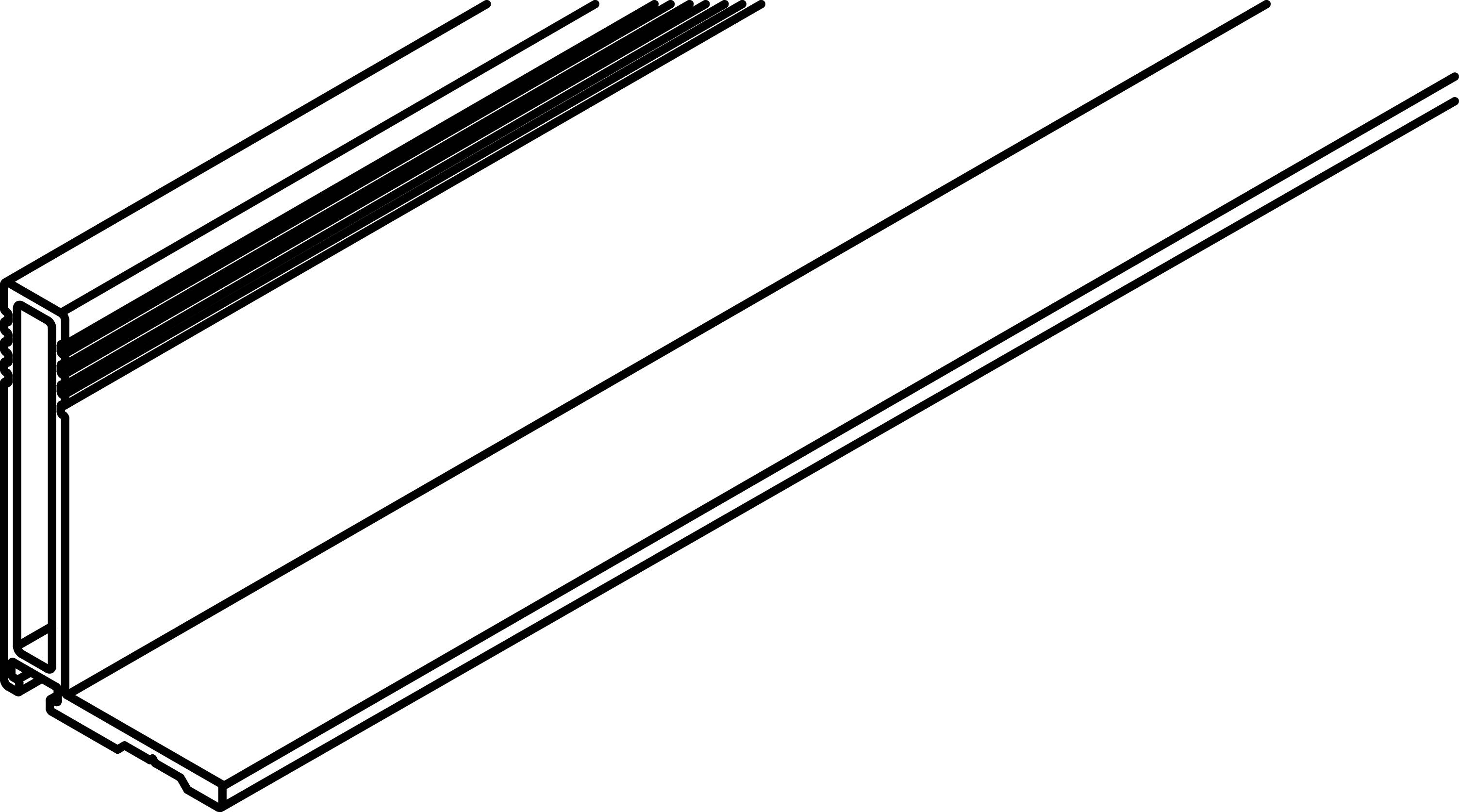 Liniendarstellung eines Metallkanals oder Trimprofils in Perspektive, mit einem langen rechteckigen Körper und umgebogenem Enddetail.