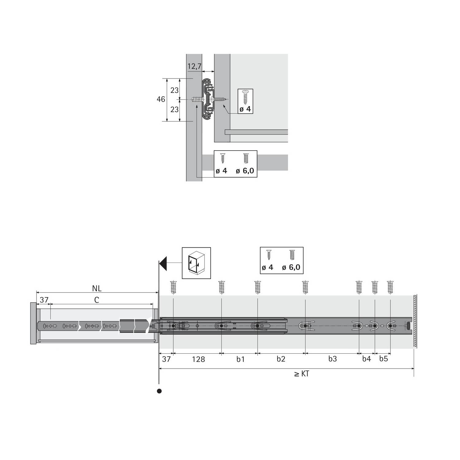 Technisches Diagramm eines Schubladenschienen-Mechanismus mit Abmessungen und Installationsspezifikationen. Zeigt Seiten- und Draufsichten.