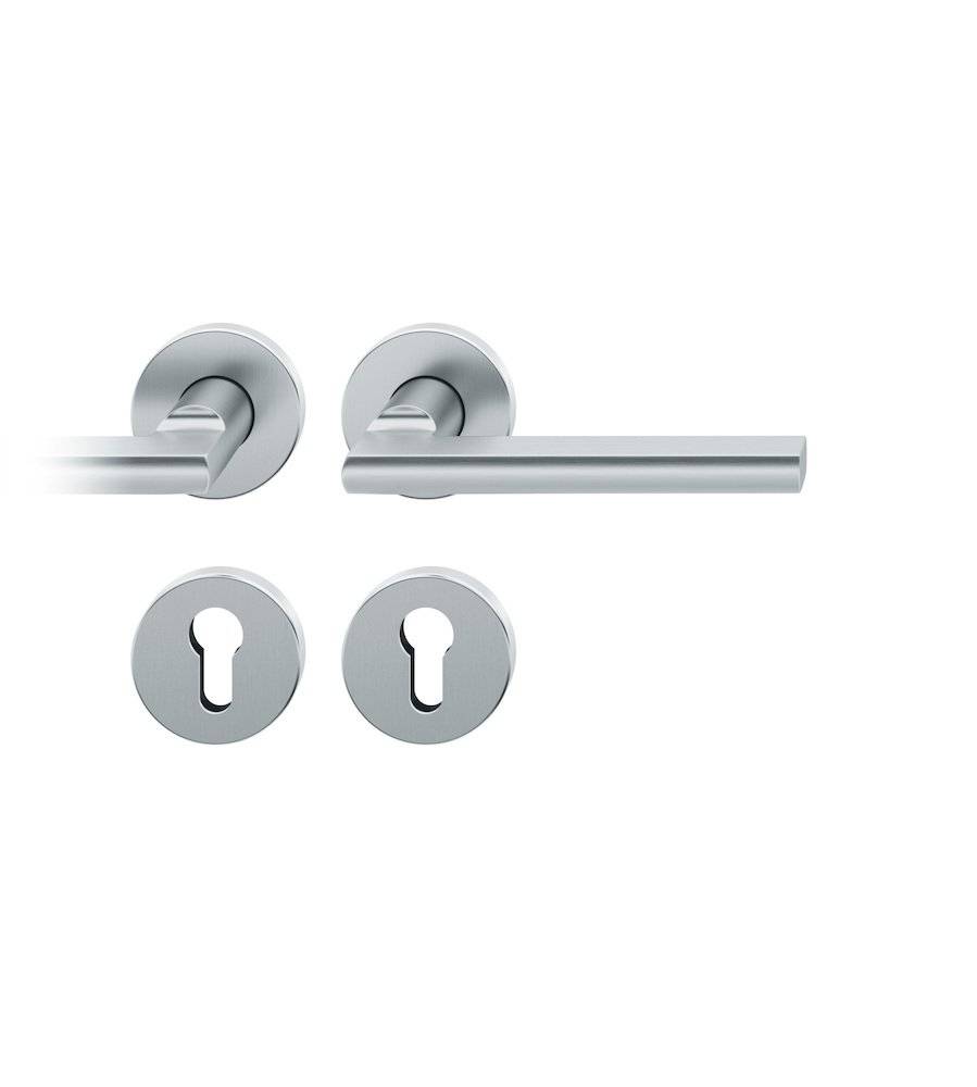 „Silberner Türgriffgarnitur mit passenden Schlüssellochrosetten, aus verschiedenen Winkeln dargestellt zur Verdeutlichung des Designs.