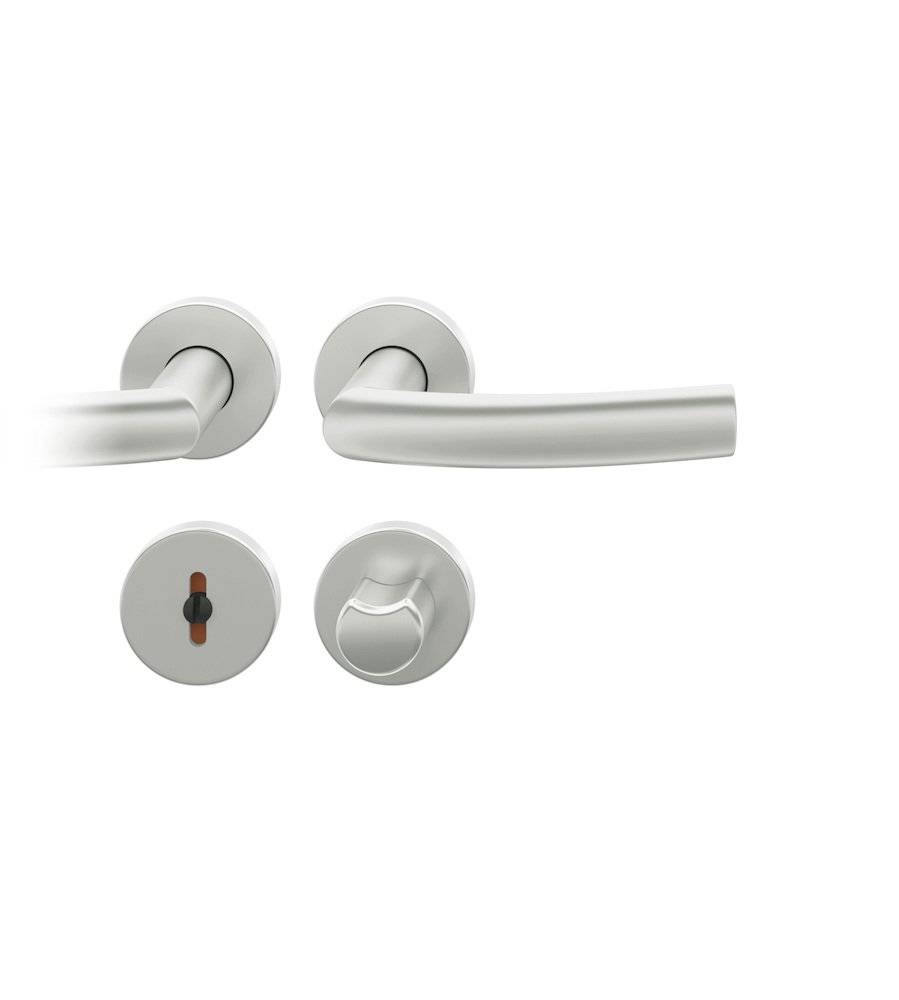 Türklinkengarnitur mit runden Rosetten, mit klassischem Hebeldesign und integriertem Schlossmechanismus, in silberner Ausführung dargestellt.