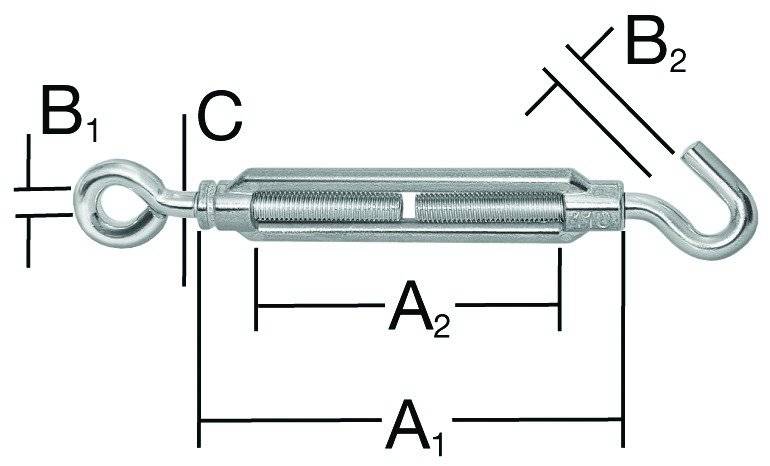 Ein Diagramm, das ein Spannschloss mit bezeichneten Abmessungen A1, A2 und C zeigt und dessen Struktur sowie Messstellen darstellt.