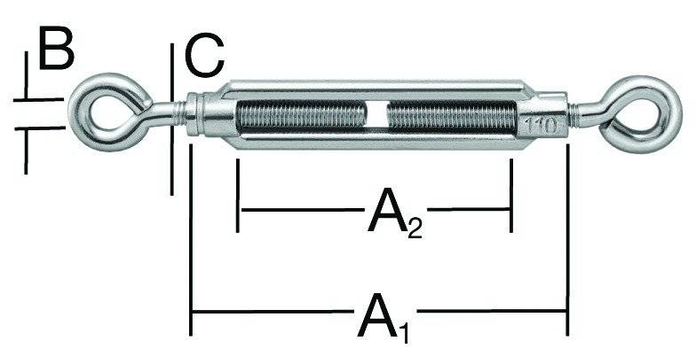 Eine Metallspannschraube mit beschrifteten Abmessungen: 'C', 'A2' und 'A1', die die einstellbare Länge und Komponenten darstellt.