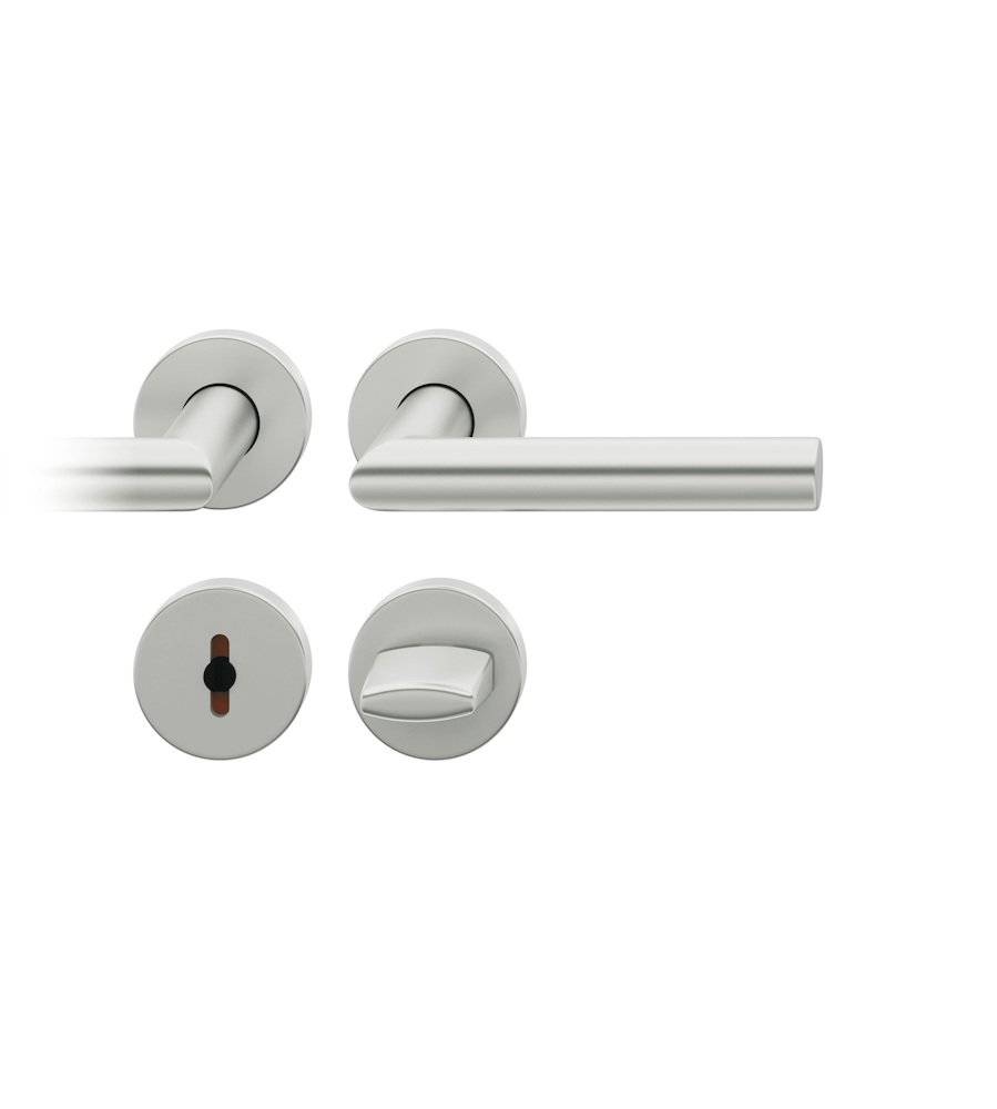 Schlanker silberner Türklinken-Set mit modernem Design, bestehend aus zylindrischem Hebel und Schlüsselloch, geeignet für zeitgenössische Innenräume.