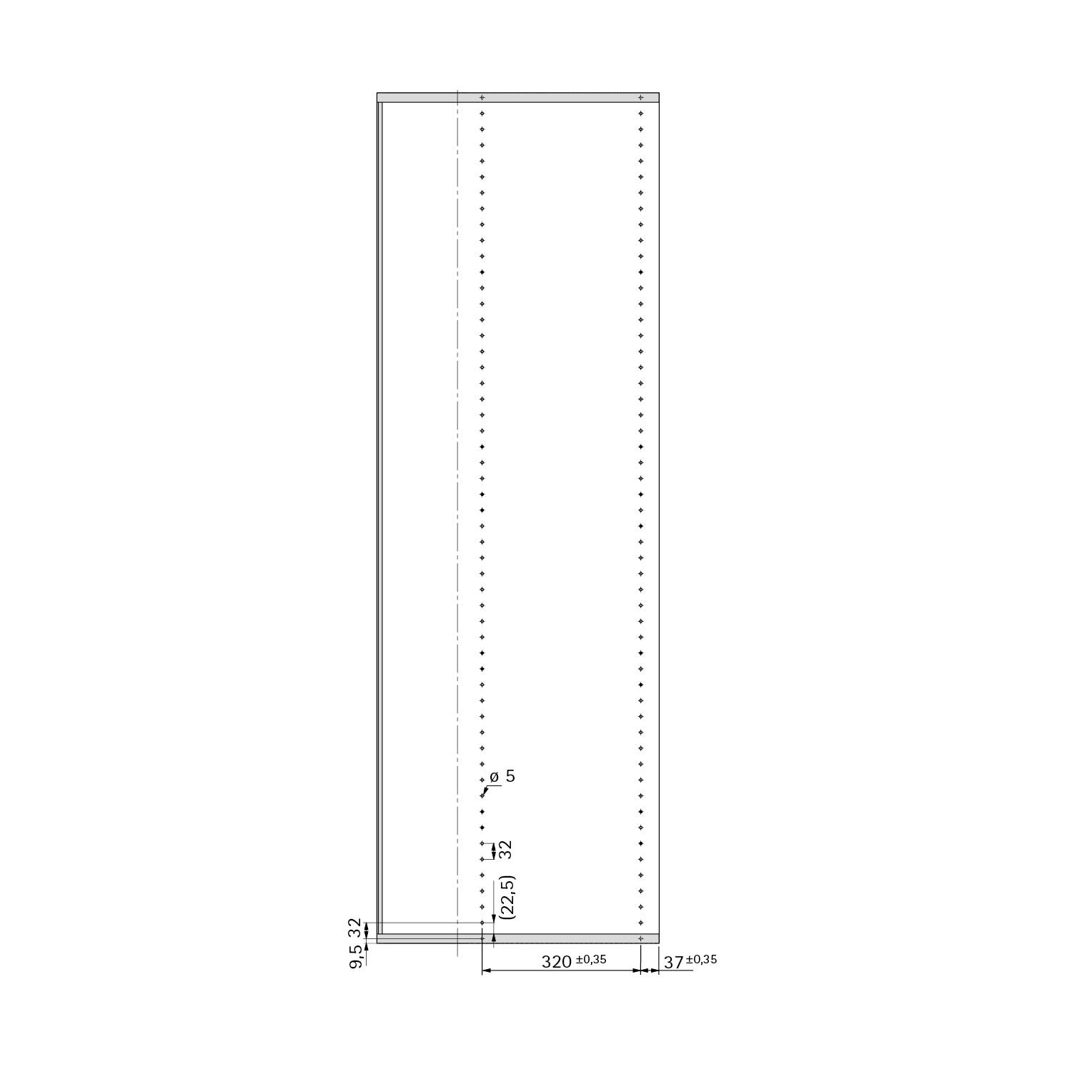 Technische Zeichnung eines hohen, schmalen rechteckigen Objekts mit Abmessungen: Höhe 91,5 cm, Breite 32,9 cm.