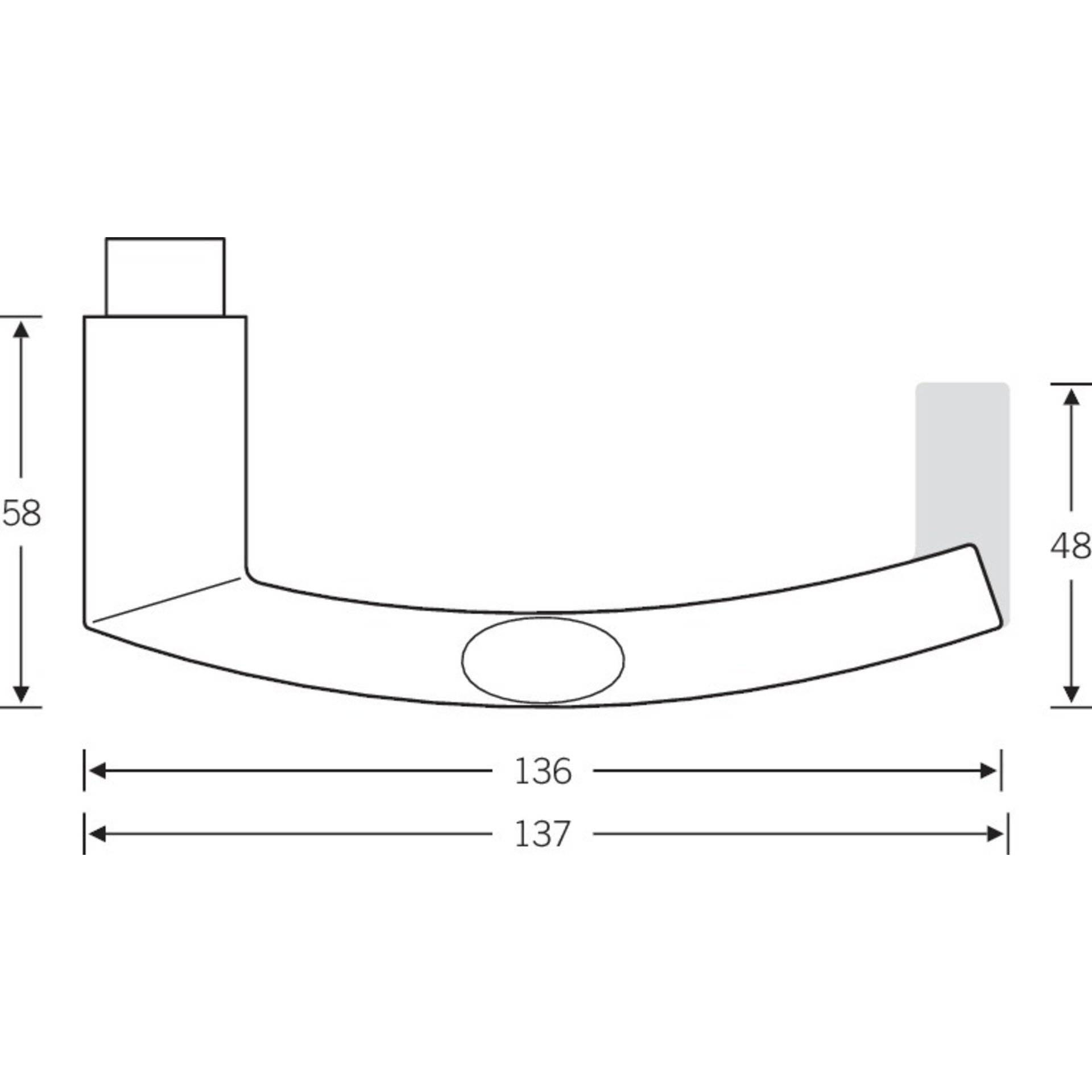 Diagramm eines Griffs mit Abmessungen: Breite 136-137 mm, Höhe 58 mm und eine Nebenmessung von 48 mm.