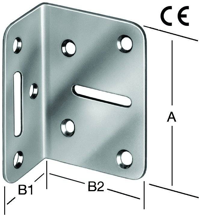 Metallhalterung mit mehreren Schraubenlöchern, gekennzeichnete Messwerte: A, B1, B2. CE-Kennzeichnung sichtbar in der oberen rechten Ecke.