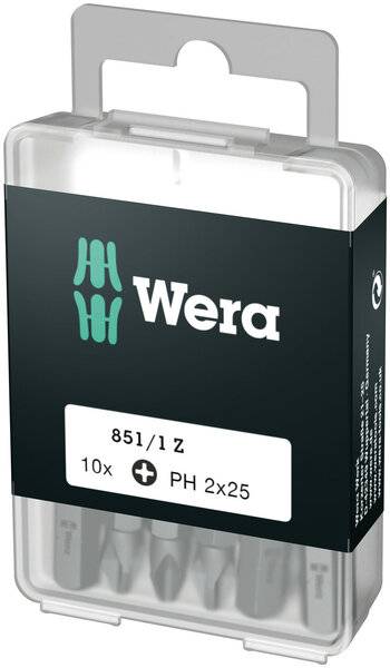 Ein Satz Wera 851/1 Z Schrauberbit-Einsätze, bestehend aus 10 Stück, gekennzeichnet mit 'PH 2x25'.