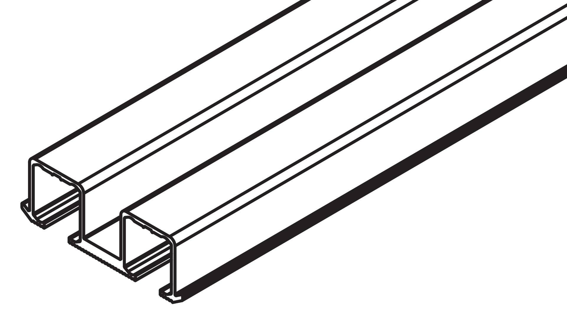 Eine schwarzweiße Strichzeichnung eines Metallkanalprofils. Der Kanal hat eine U-Form mit einer flachen Basis und zwei vertikalen Seiten.