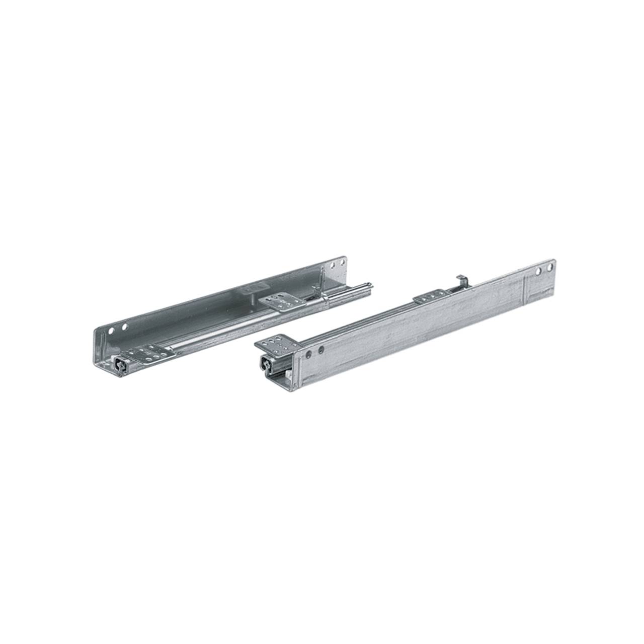 Ein Paar metallische Schubladenschienen, die nebeneinander dargestellt sind, wird für sanftes Öffnen und Schließen von Schubladen in Möbelanwendungen verwendet.