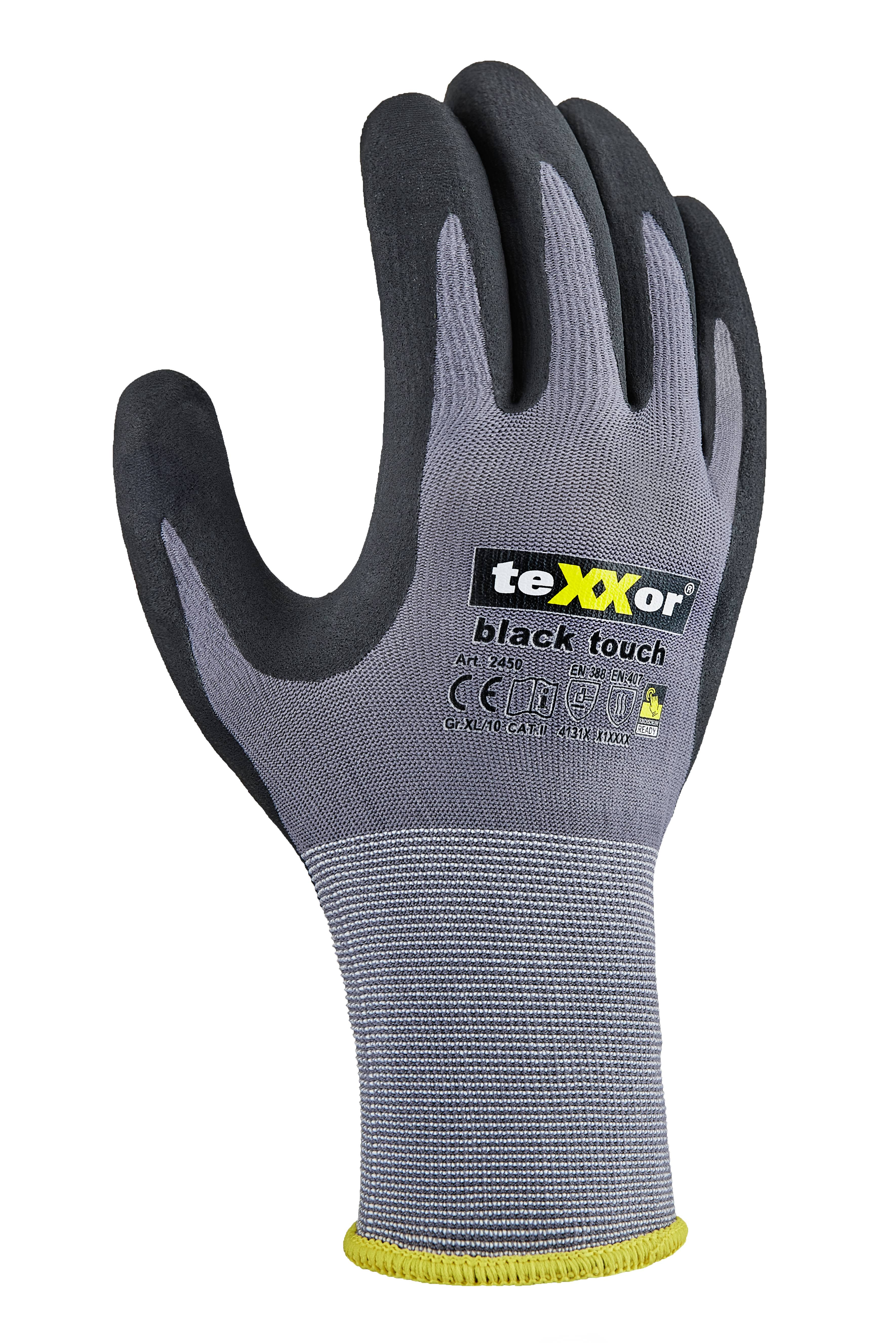 teXXor® Nylon-Strickhandschuhe black touch® grau/schwarz 10