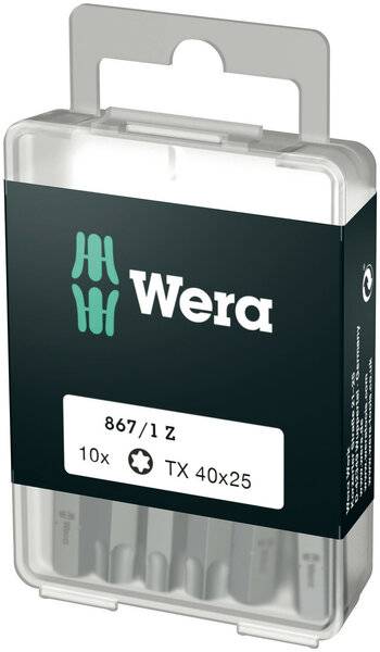 Eine Box mit Wera-Schraubenzieherbits mit der Bezeichnung '867/1 Z', mit den Details '10x' und 'TX 40x25'.