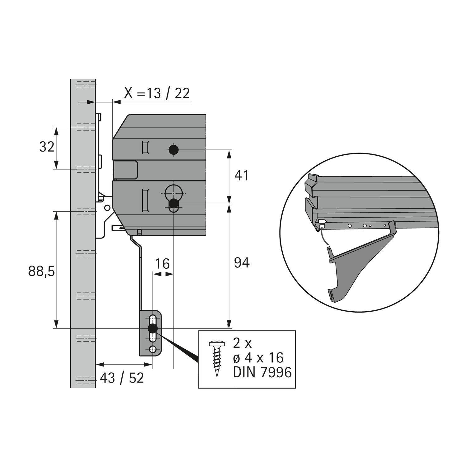 Seitenansicht einer Türmontageanleitung mit Abmessungen, Befestigungsklammen und Schraubendetails. Enthält Ausschnittsvergrößerung eines Bauteilquerschnitts.