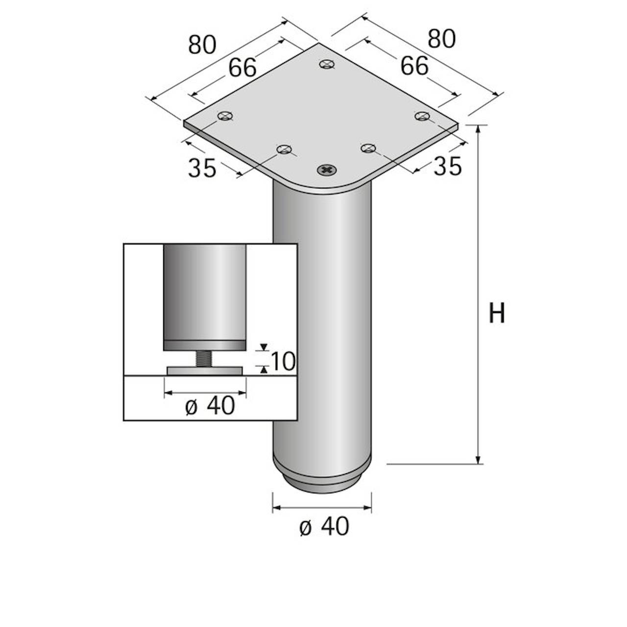 Möbelfuß Lano RO Ø40 mm alu eloxiert Höhe 150 mm +10 mm Bodenausgleich