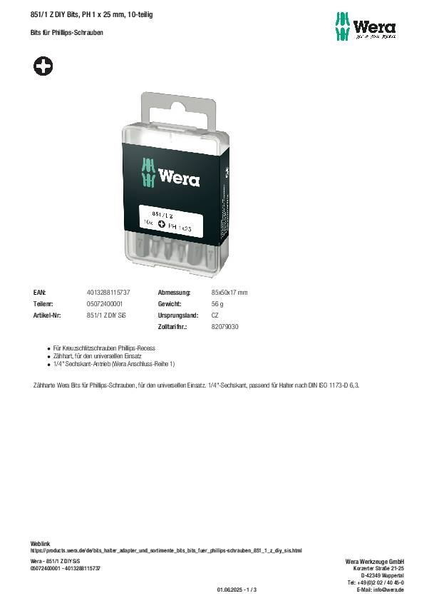 Wera 851/1 Z DIY Bits PH 1x25