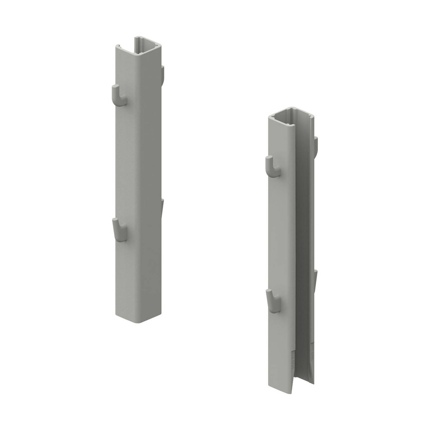 Zwei graue rechteckige Pfosten mit kleinen vorstehenden Haken, vermutlich Komponenten zum Zusammenbau oder zur Abstützung einer Struktur.