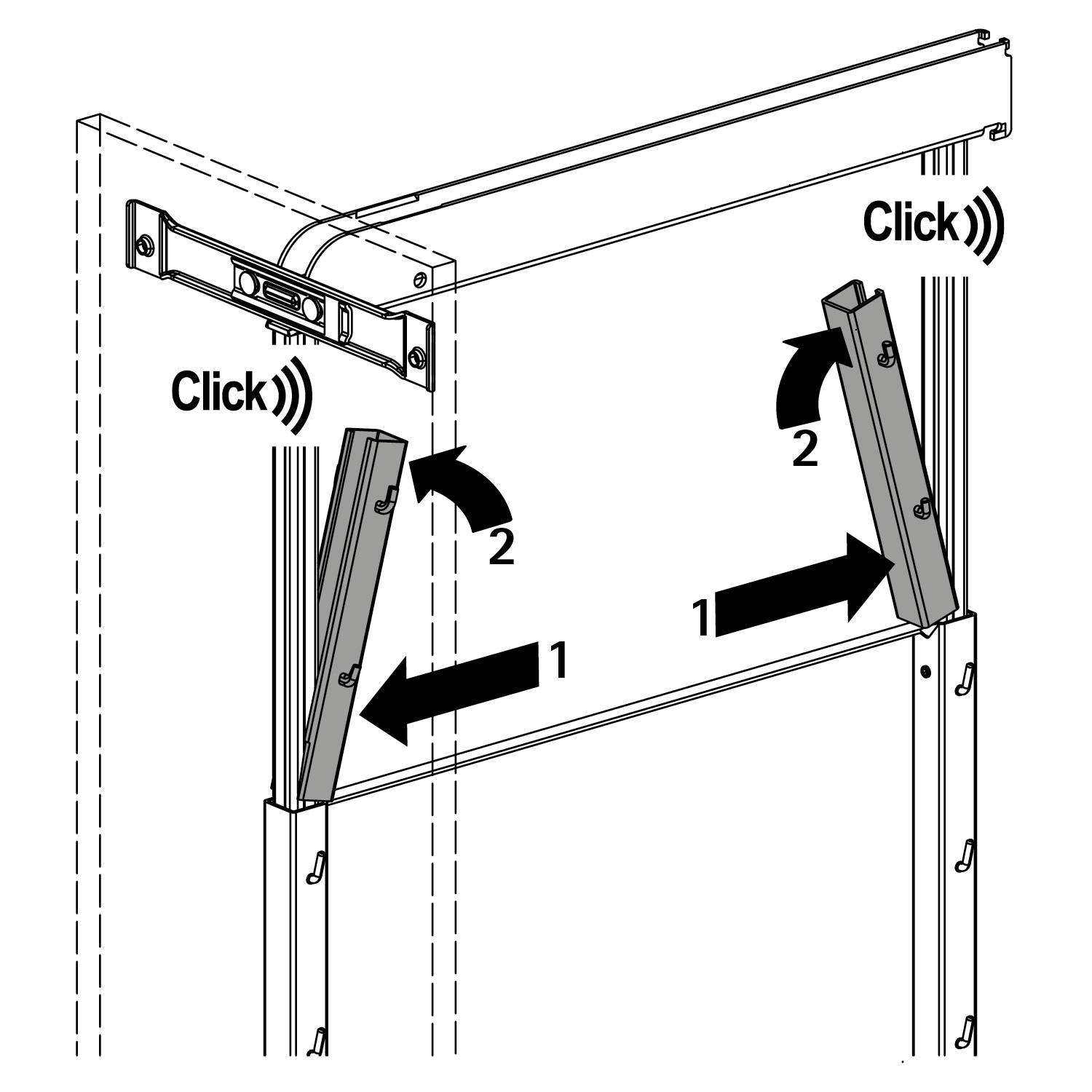 Illustration einer Schieneninstallation mit Halterungen. Pfeile zeigen Schritte an: 1 zeigt horizontale Halterungsbewegung, 2 zeigt vertikale. Das 