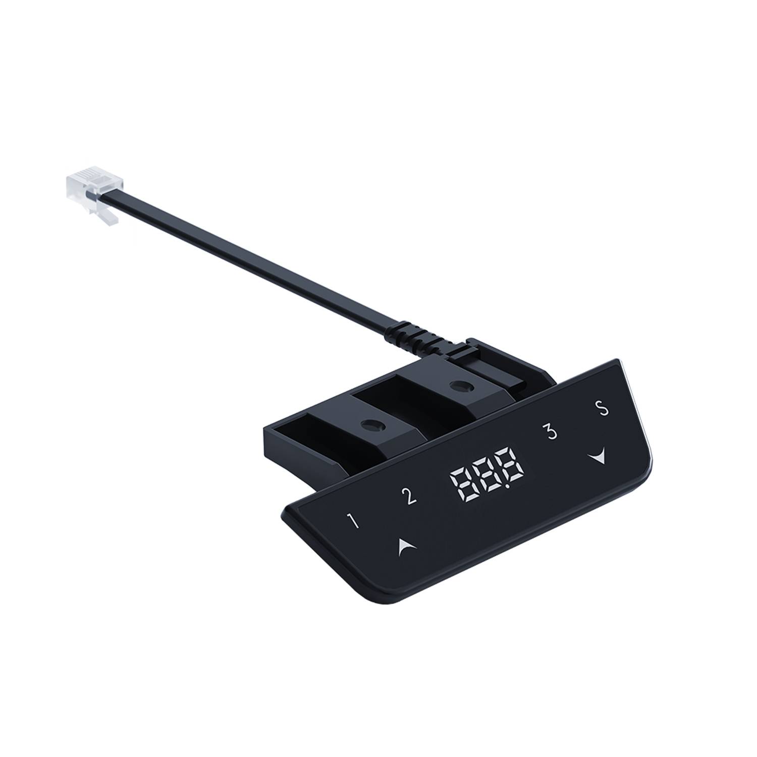 Ein schwarzes digitales Anzeigepanel mit den Nummern 1, 2, 3 und einem Verbindungskabel, möglicherweise von einem elektronischen Gerät.