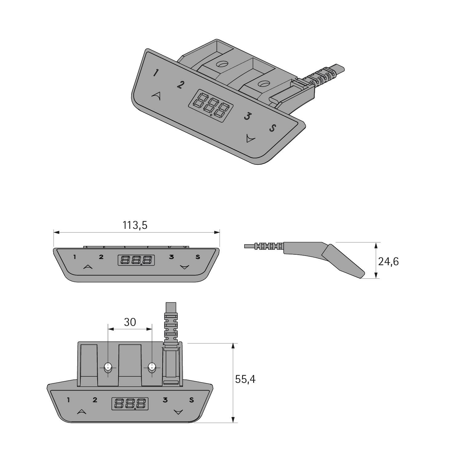 Diagramm eines Bedienfelds mit Abmessungen: 113,5 mm Breite, 30 mm Höhe, 24,6 mm Seitenansicht Höhe, 55,4 mm Tiefe. Verfügt über drei Tasten.