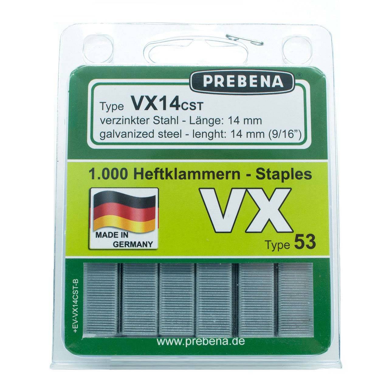 Prebena Heftklammern im Blister VX14CST-B P = 1000 Stck. verz.Stahl