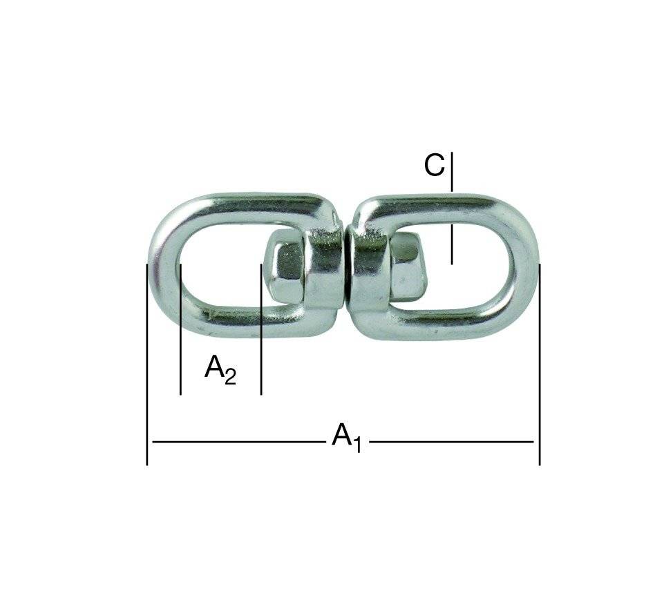 Ein Metallwirbel mit zwei ovalen Ringen, beschriftet mit den Abmessungen A1, A2 und C, die die Maße seiner Teile angeben.