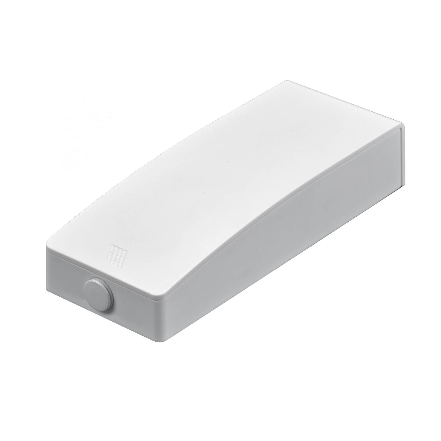 Ein elegantes, rechteckiges weißes Gerät mit einer abgerundeten Schaltfläche an einem Ende, möglicherweise eine elektronische Komponente oder ein Smart-Home-Zubehörteil.