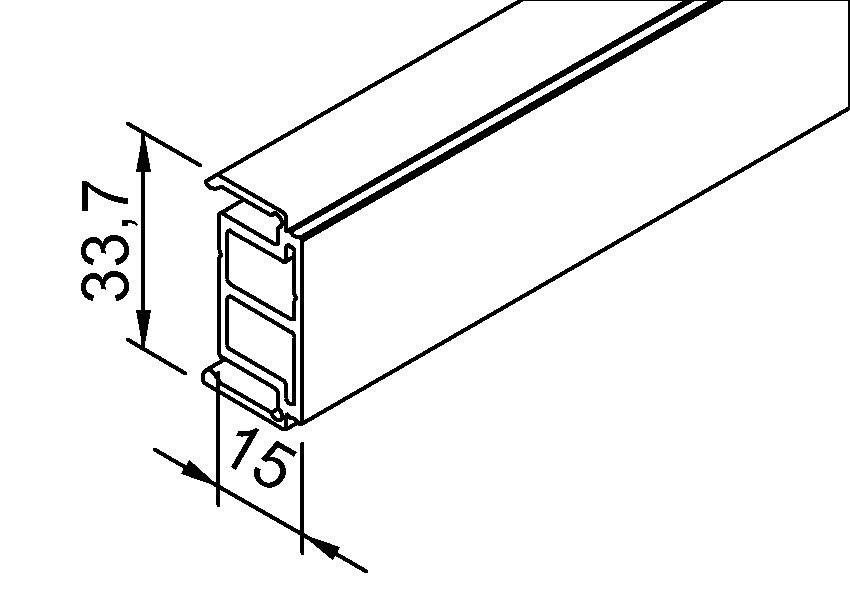 Ein Querschnittsdiagramm eines Konstruktionsbalkens mit rechteckiger Form, das eine Höhendimension mit der Bezeichnung „15