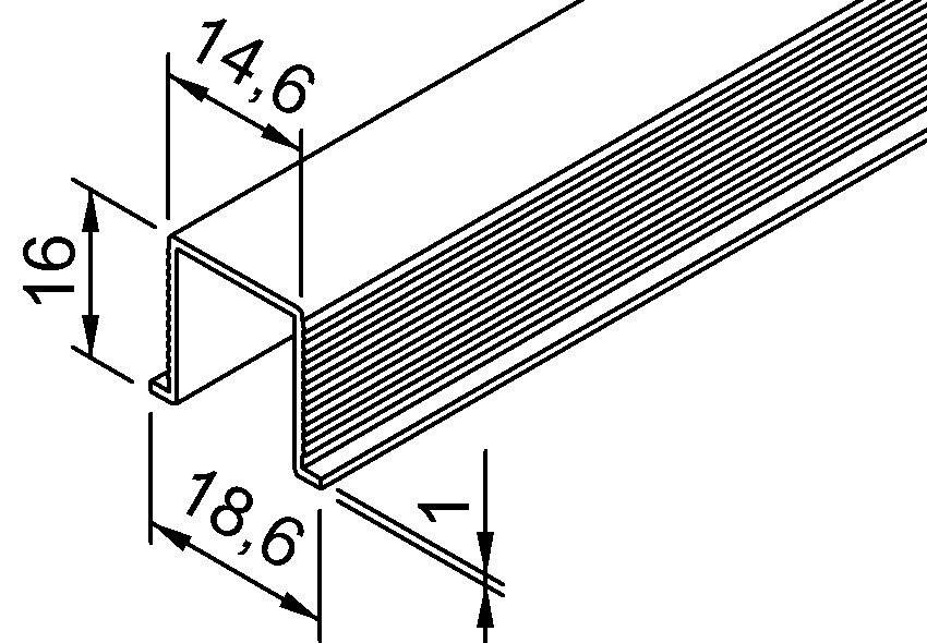 Eine technische Zeichnung eines U-förmigen Metallprofils mit Abmessungen: Höhe 14,6 Einheiten und Breite 18,6 Einheiten. Parallele Linien zeigen die Textur an.
