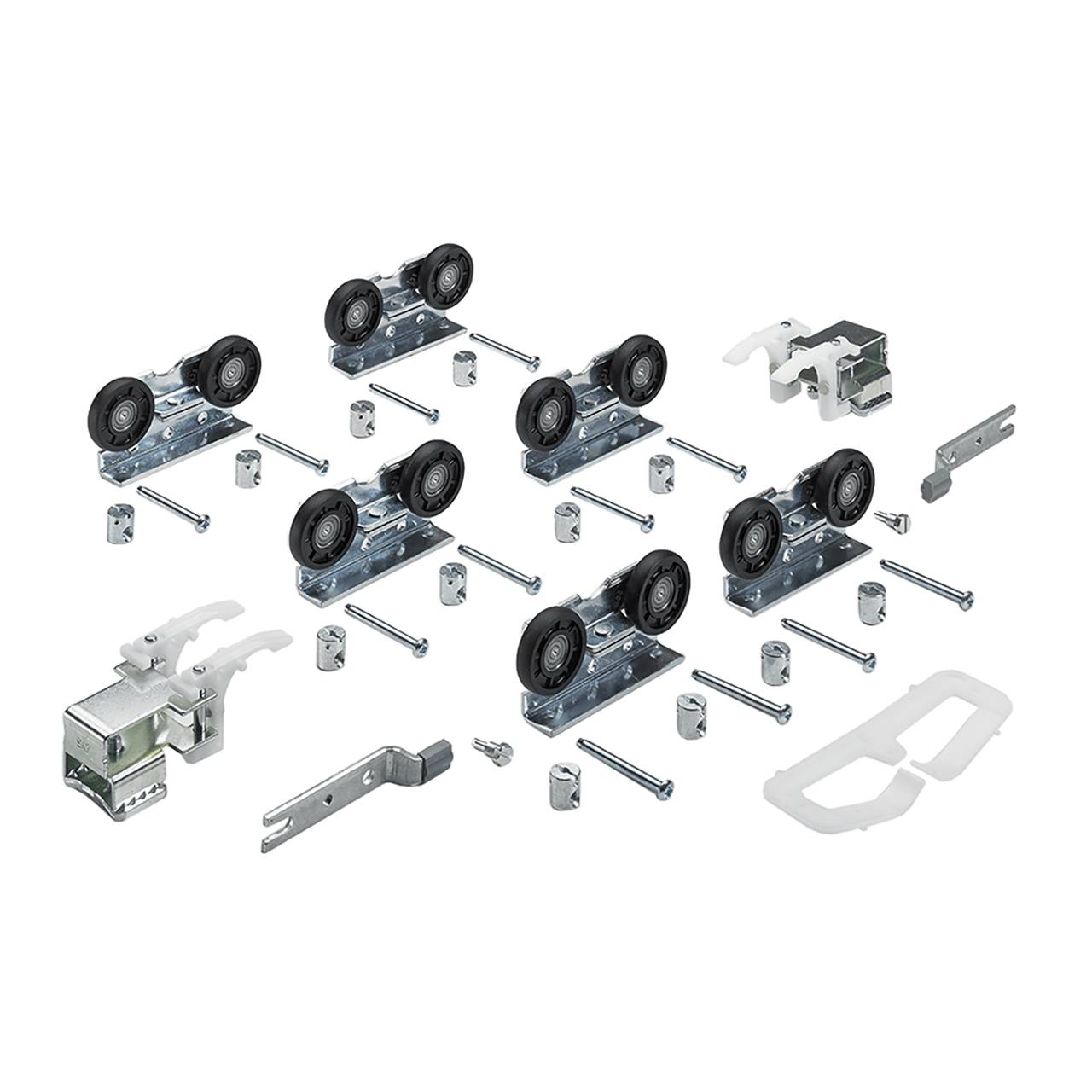 Ein Bausatz für Schiebetürbeschläge, bestehend aus Rollen, Halterungen, Schrauben und Führungsschienen.