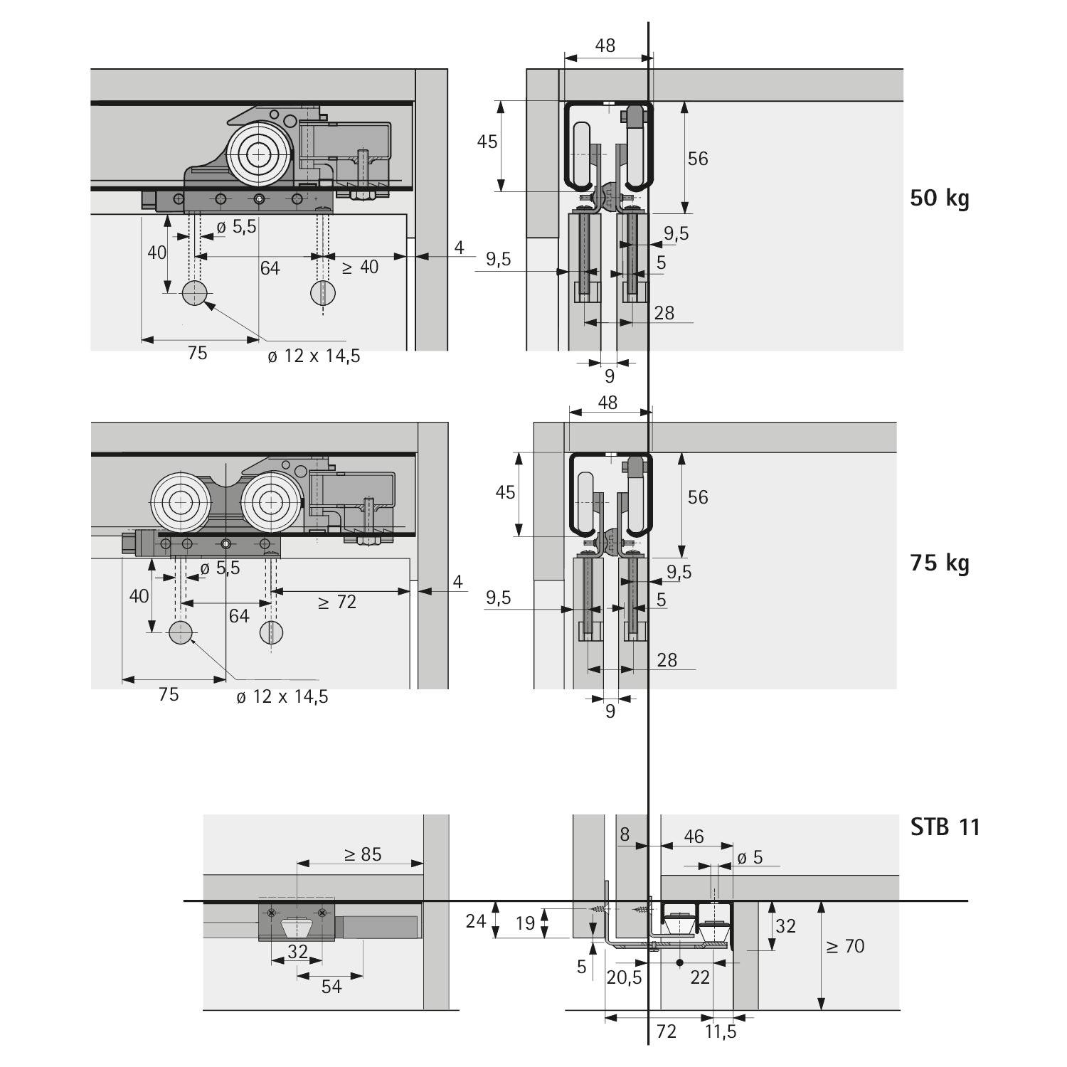 Technisches Diagramm mit Schiebetürbeschlagspeezifikationen für drei Gewichtskategorien: 50 kg, 75 kg und STB 11, mit detaillierten Abmessungen.