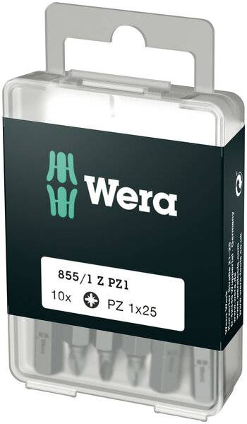 Verpackung von Wera 855/1 Z PZ1 Schrauberbit, 10 Stück, jeweils 25 mm lang. Verpackung zeigt das Wera-Logo.