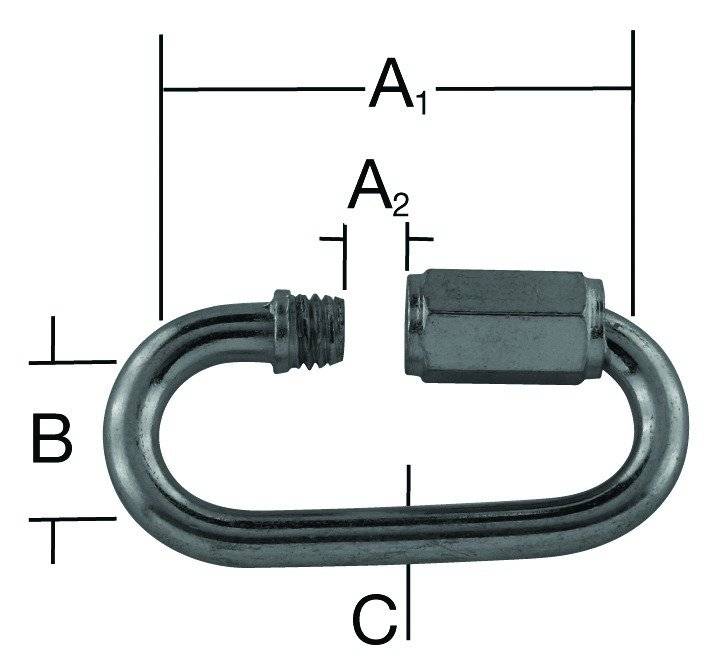Das Bild zeigt einen Metall-Schnellverschluss mit beschrifteten Abmessungen: 'A1', 'A2', 'B', 'C'. Er verfügt über eine sechskantige Muffe und ein Gewinde-Ende für sichere Verschließung.
