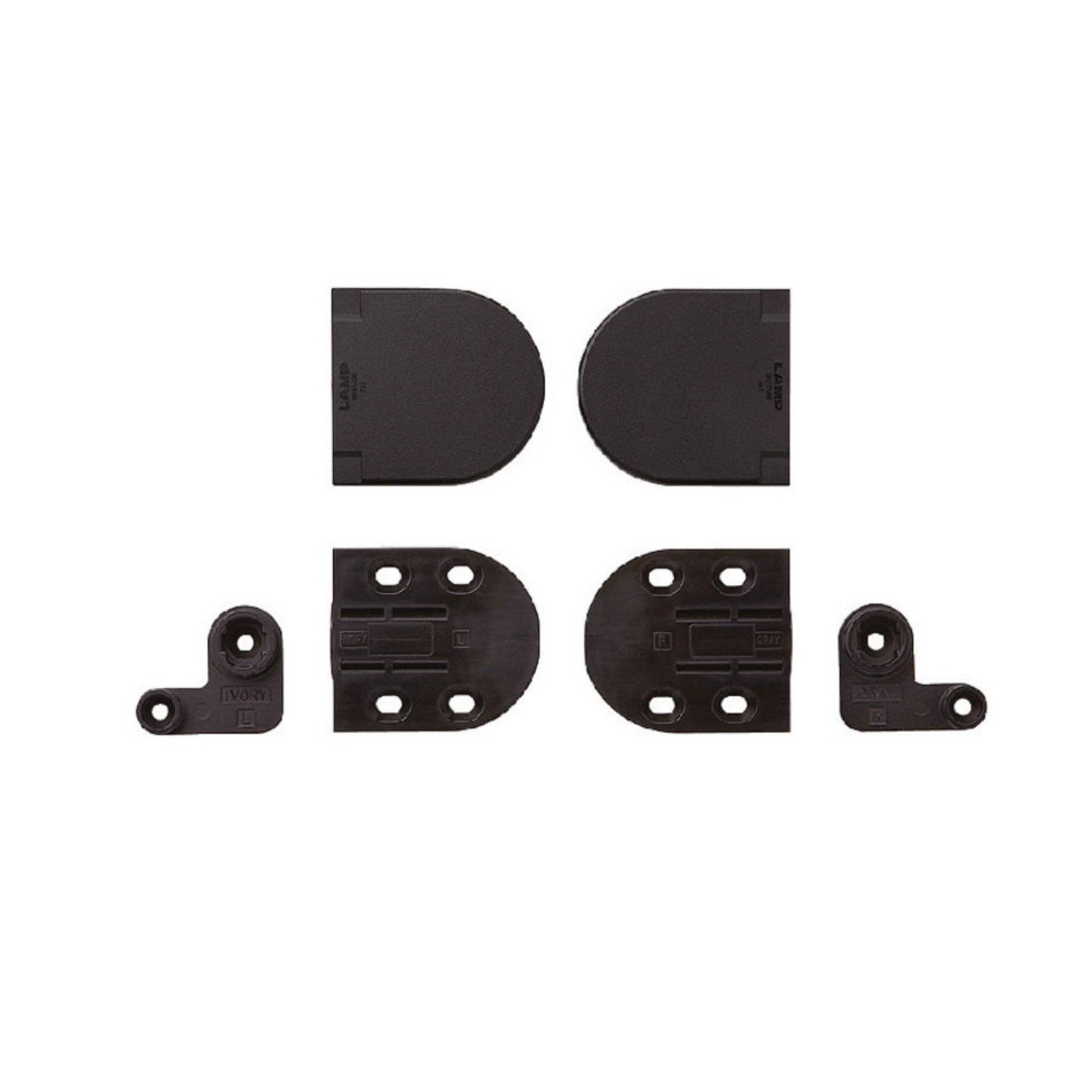 Sechs schwarze Kunststoff-Montageklammern auf weißem Hintergrund angeordnet. Die Klammern weisen unterschiedliche Formen auf, darunter halbkreisförmige und Eckausführungen.
