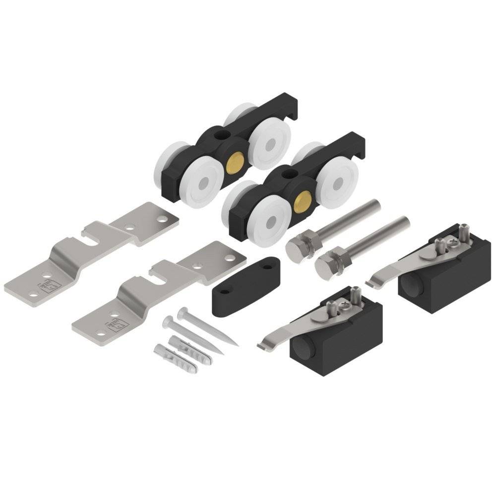 Schiebetürbeschlag-Set mit Rollen, Halterungen, Schrauben und Anschlagvorrichtungen, konzipiert für einfache Montage und Installation.